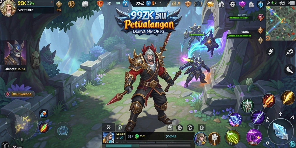 Screenshot gameplay 99ZK menampilkan pertarungan epik di dunia fantasi.