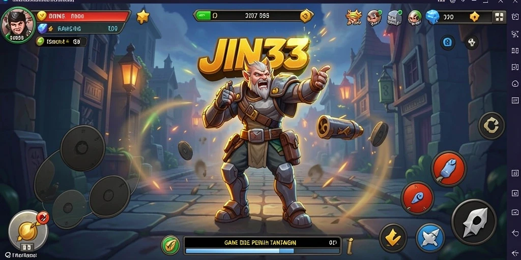 Tampilan gameplay JIN33 dengan karakter melakukan pengumpulan otomatis.