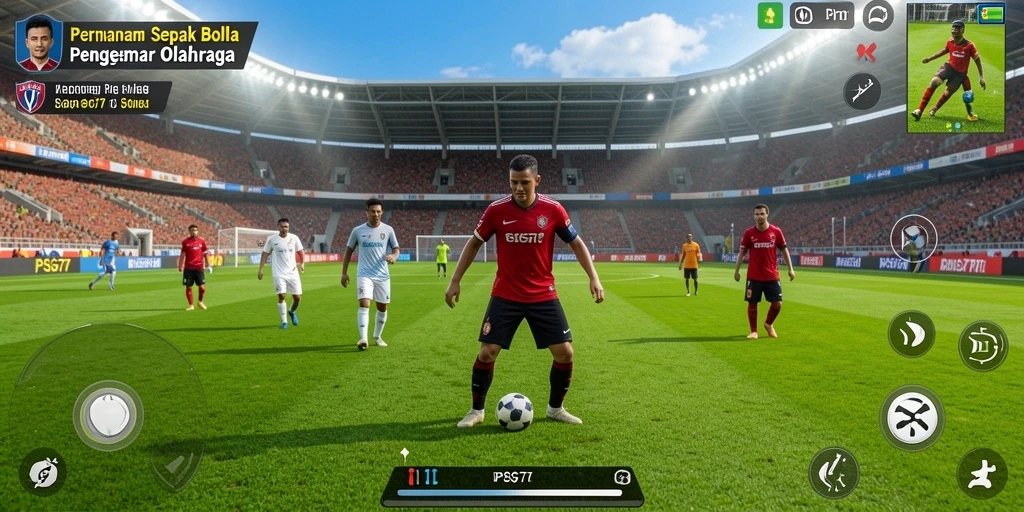 Tangkapan layar utama menunjukkan aksi pertandingan sepak bola yang mendebarkan.