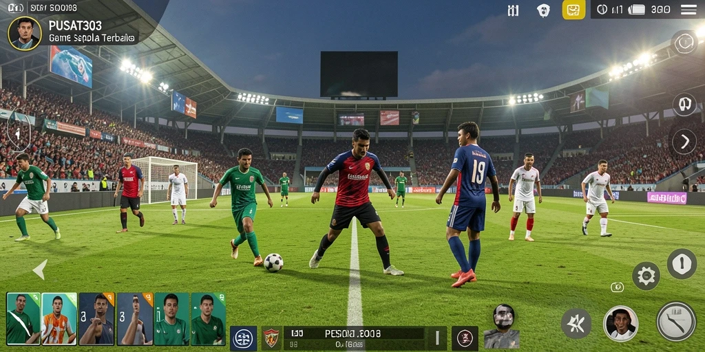 Screenshot PUSAT303 menampilkan aksi seru di lapangan sepak bola.