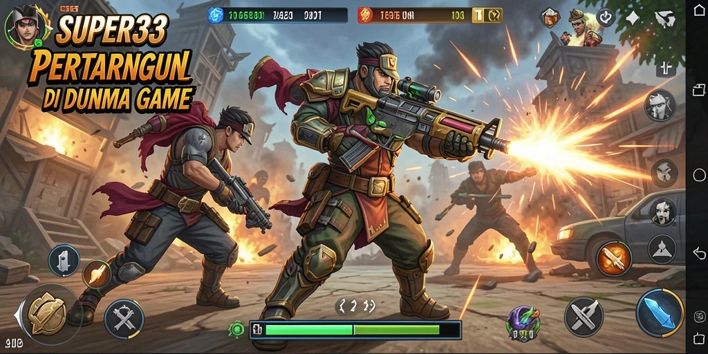 Screenshot utama SUPER33 menampilkan duel karakter yang intens.