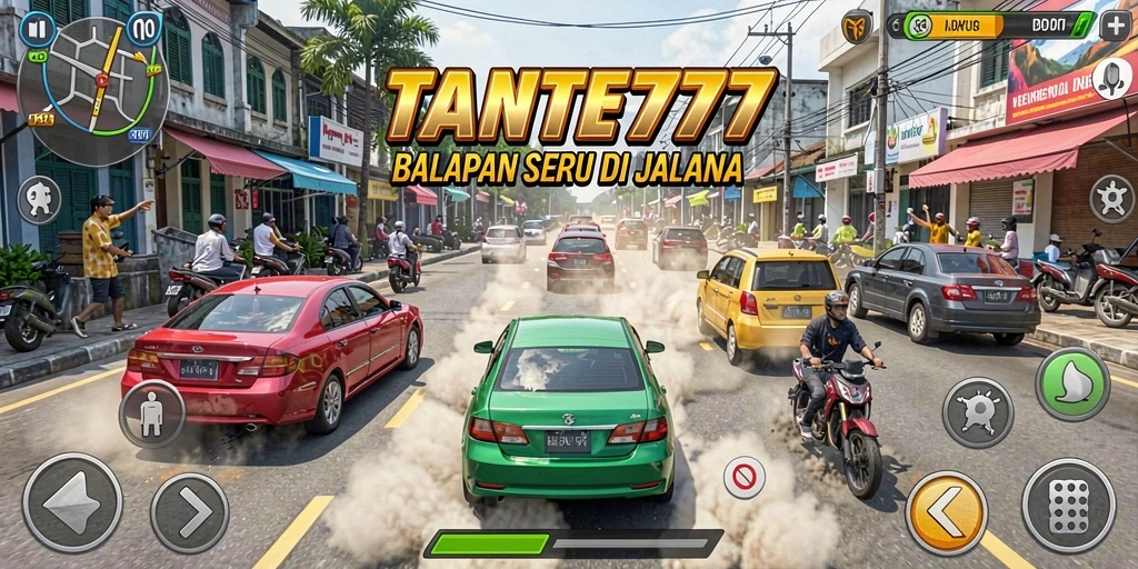 Tangkapan layar gameplay TANTE777 menampilkan adrenalin balapan yang seru.