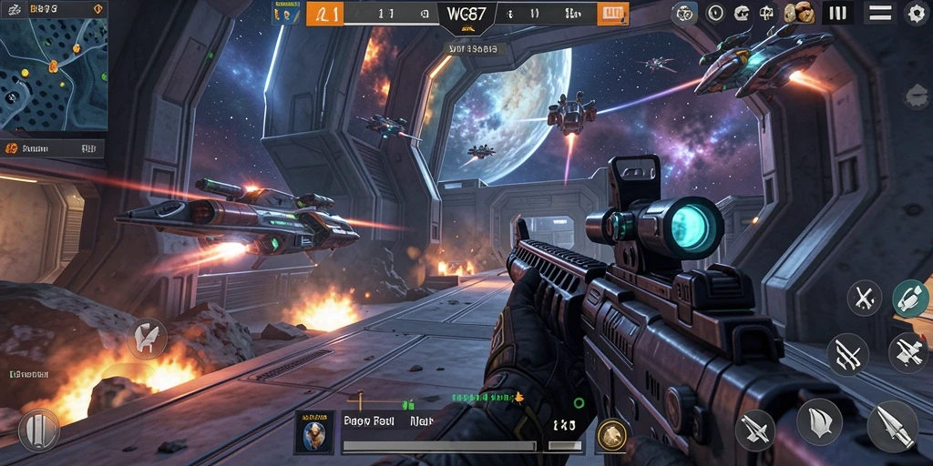 Screenshot gameplay WG87 yang menunjukkan aksi pertempuran FPS yang intens.