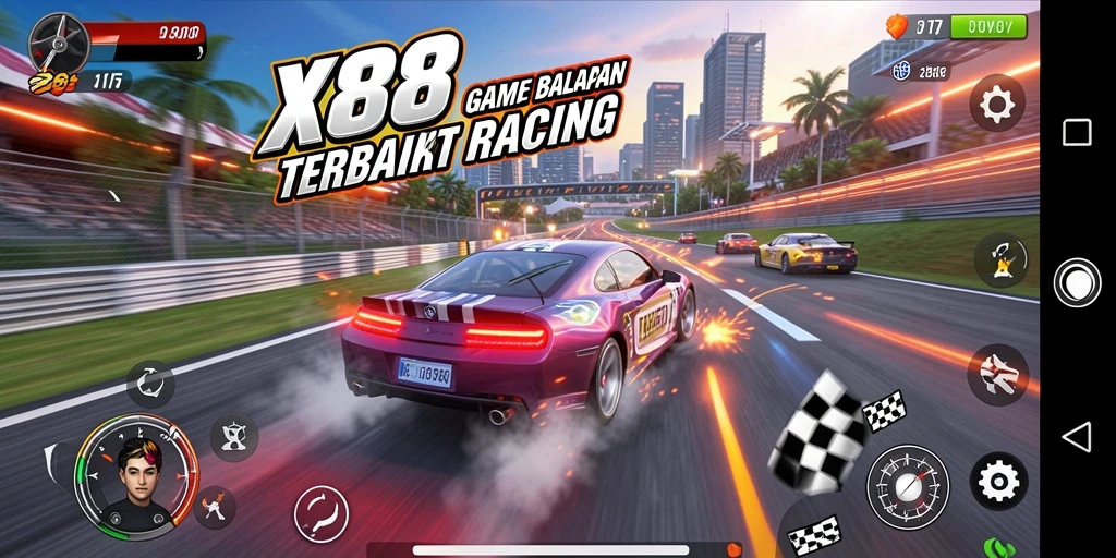 Screenshot X88 menampilkan aksi balapan mendebarkan.